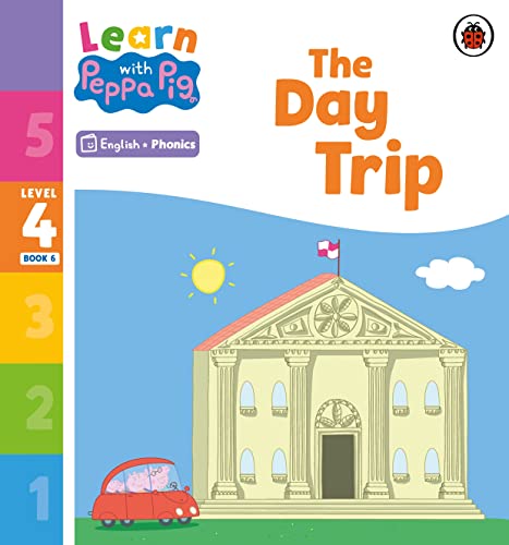 Peppa Pig phonics reader cover: "The Day Trip" with a building.