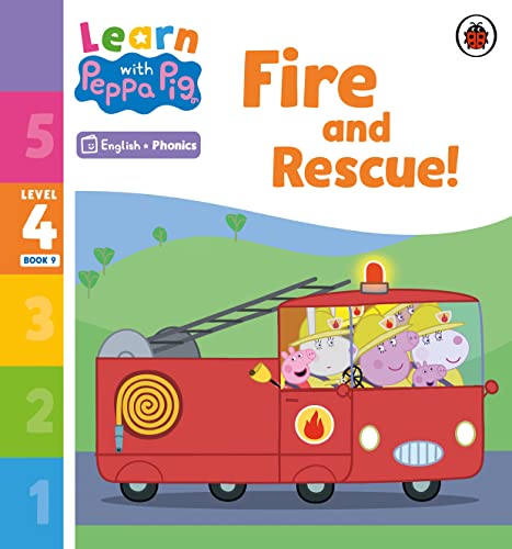 Peppa Pig and friends in a red fire truck, book cover.