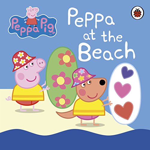 "Book cover featuring Peppa Pig in sunglasses, smiling, with beach balls and seaside background illustration."