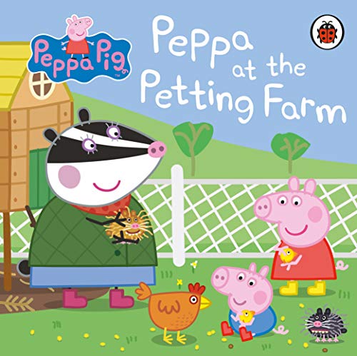 Peppa Pig and friends visit a petting farm with animals in a grassy field.