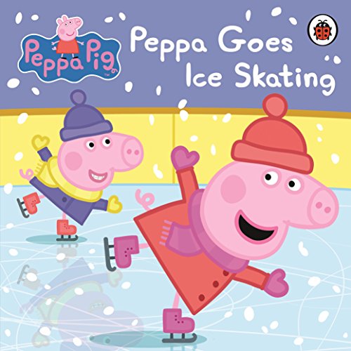 Peppa Pig and George ice skating on a blue rink.