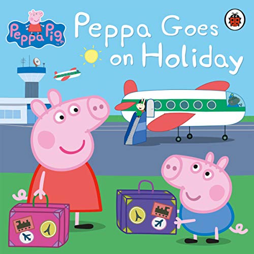 Peppa Pig and George with suitcases near an airplane at an airport.