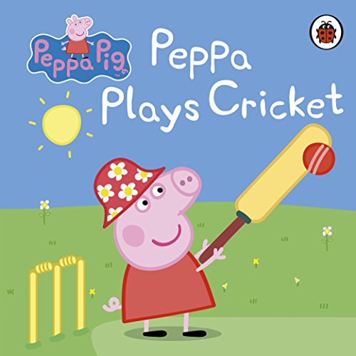 Peppa Pig in a red hat swings a cricket bat at the wickets.