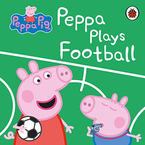 Peppa Pig and Daddy Pig on a green football field.