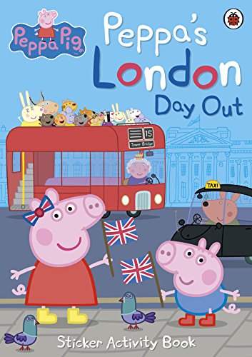 Peppa Pig and George holding British flags in front of a London bus and taxi.