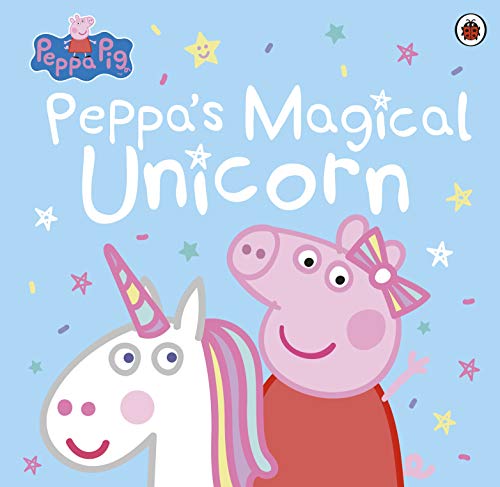 "Children's book cover featuring Peppa Pig and a unicorn on a blue sparkly background."