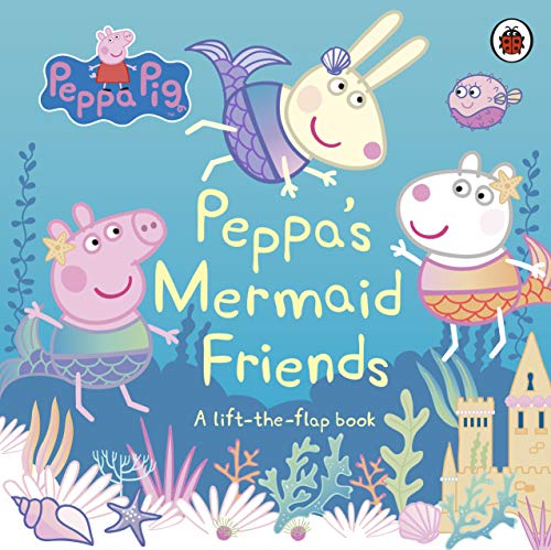 Peppa Pig and friends dressed as mermaids swimming underwater with a sandcastle.