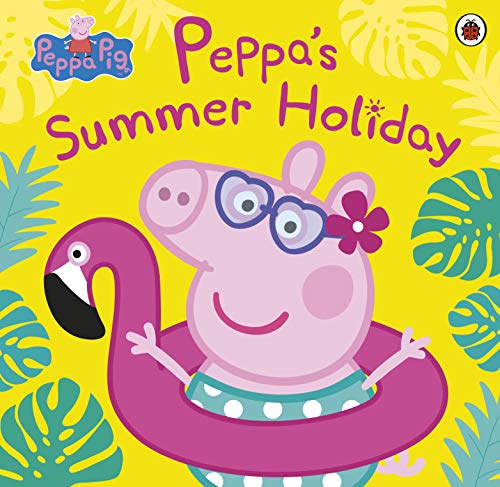 Peppa Pig wearing sunglasses on a pink inflatable flamingo.