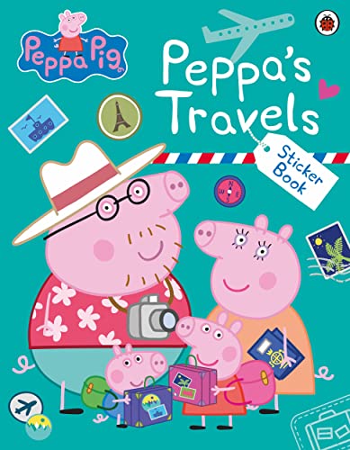 Peppa Pig family with travel items, sticker book cover.