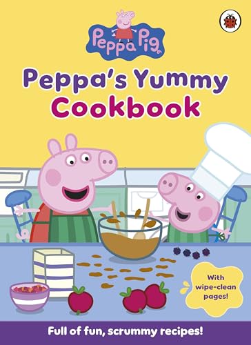 Peppa Pig cookbook cover with Peppa, George, and cooking ingredients.