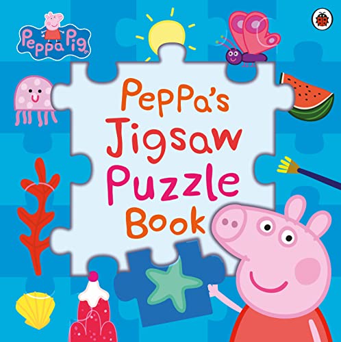 Peppa Pig jigsaw puzzle book cover with Peppa, jellyfish, and watermelon.