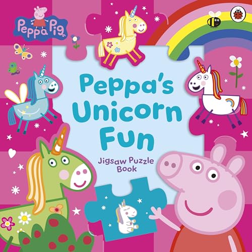 Peppa Pig and unicorns on a colorful jigsaw puzzle book cover.