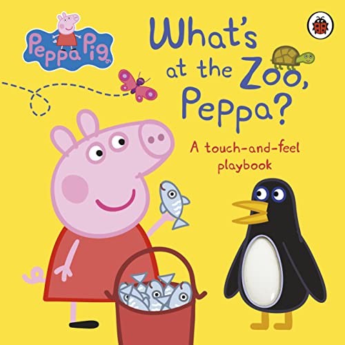 Peppa Pig with a penguin and fish on a yellow background.
