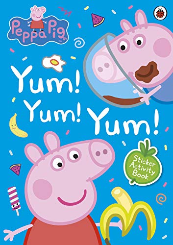 "Peppa Pig sticker activity book cover featuring Peppa Pig surrounded by food on a blue background."
