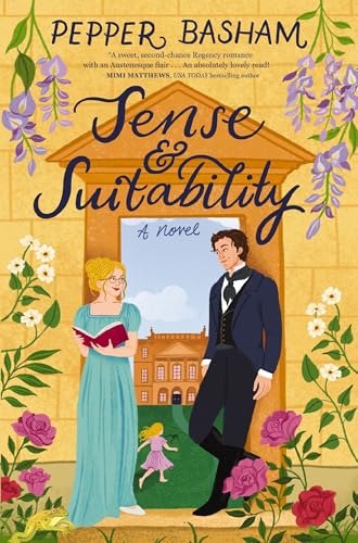 Regency romance novel cover with illustrated couple and grand estate.