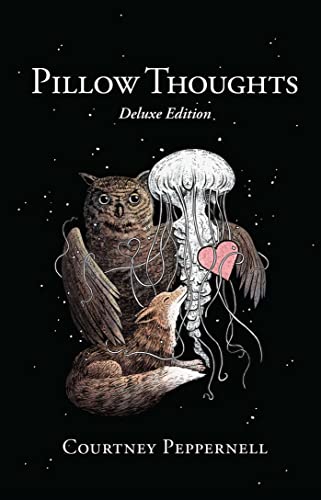 Book cover featuring an owl, fox, and jellyfish with a heart on black background.