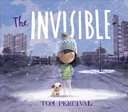 A young girl in a beanie and a small dog stand in a city street.