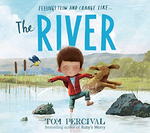 Book cover: boy and dog playfully splashing in a river landscape.