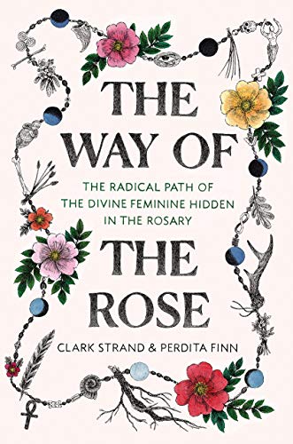 Book cover featuring a rosary frame with flowers and charms around centered black text.