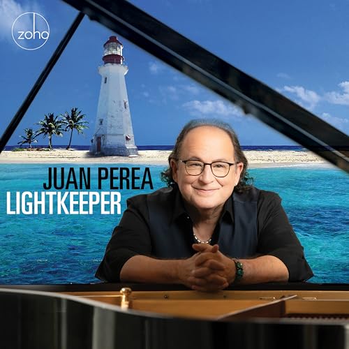 Juan Perea portrait with a lighthouse and grand piano backdrop.