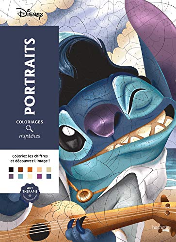 Disney mystery coloring book cover featuring Stitch playing a ukulele in a mosaic style.