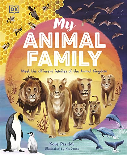 Book cover featuring diverse animal families: lions, penguins, dolphins, and bees.