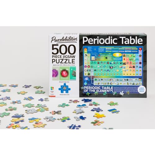 500-piece jigsaw puzzle depicting a colorful periodic table of elements.