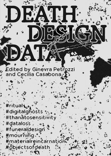 Black and white book cover with splatter design and text about death and design.