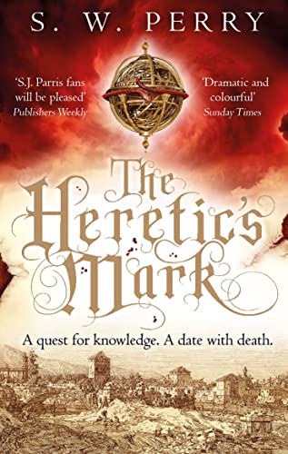 Book cover: “The Heretic’s Mark” with ornate title and celestial globe.
