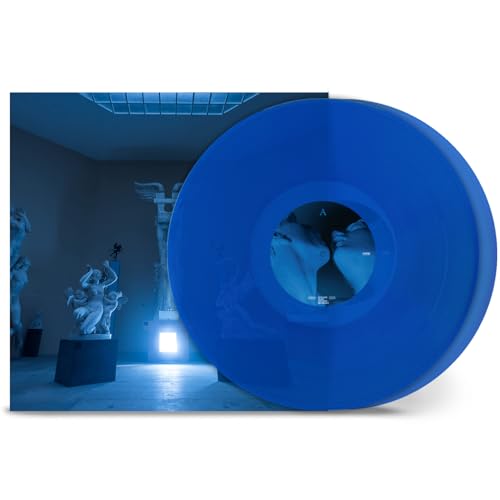Blue vinyl record with artwork depicting statues and a couple’s embrace.