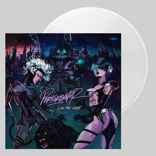 Perturbator vinyl record cover with futuristic figures and a frosted disc.