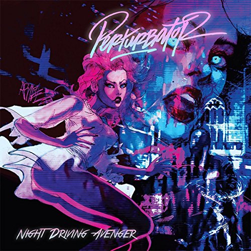 Album cover for Perturbator’s “Night Driving Avenger” featuring a stylized woman’s face.