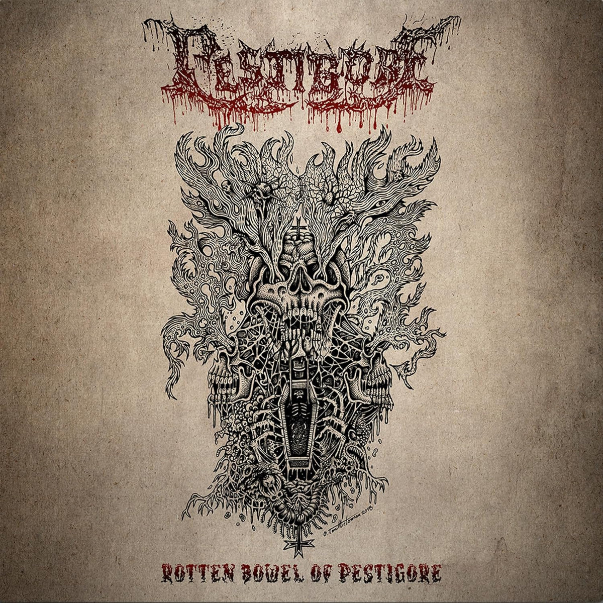 CD cover for Pestigore’s “Rotten Bowel Of Pestigore” with detailed skull illustration.
