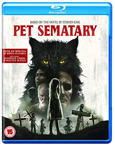 Blu-ray cover for horror film "Pet Sematary" featuring a large cat and graves.