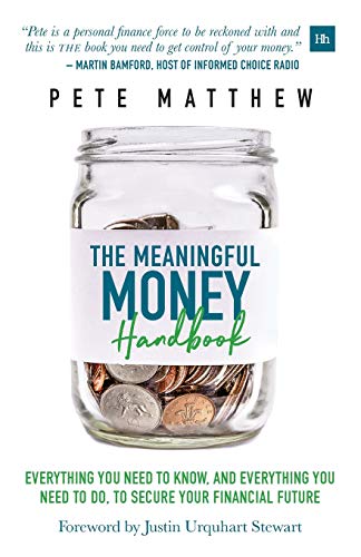 Book cover, teal with white text: "The Meaningful Money Handbook," financial guide.