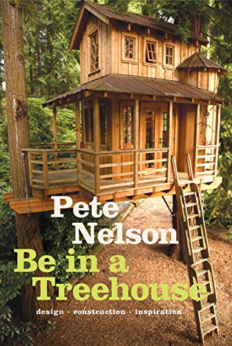 Wooden treehouse built among trees, book cover with title and author name.