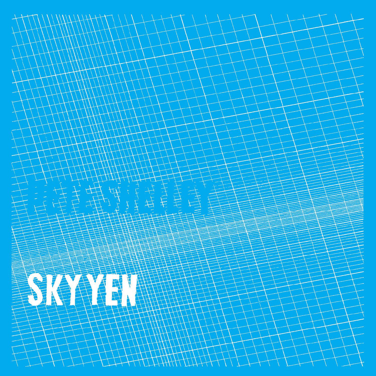 Blue album cover for Pete Shelley’s “Sky Yen” with white grid and text.