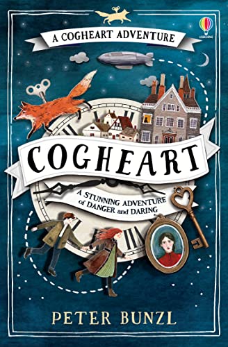 Book cover: "Cogheart" with a mechanical fox, clock, and Victorian town.