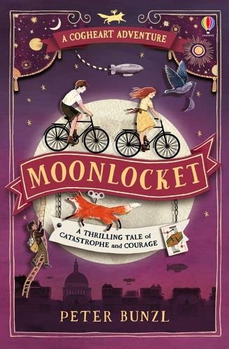 Book cover illustration featuring two children on bicycles against a large moon background.