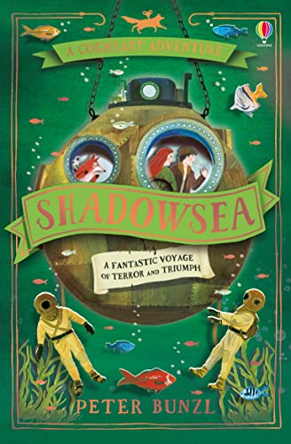 Book cover: green background, submarine with children looking out, divers.