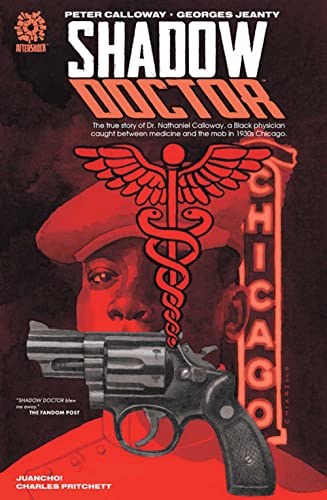 Comic book cover featuring a doctor, a medical caduceus, and a handgun in red tones.