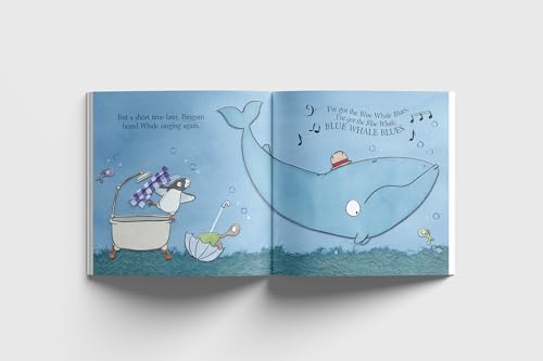 Open children’s book showing a blue whale and a penguin with musical notes.