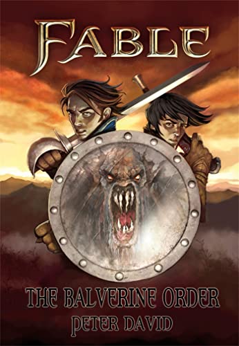Book cover: two figures with shield depicting a snarling beast.
