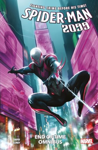 Spider-Man 2099 in a black and red suit swings through a futuristic city.