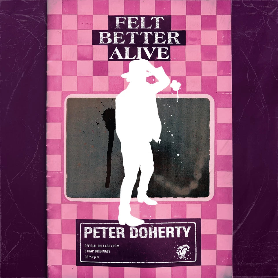 Vinyl cover with a pink checkerboard background, white silhouette of a man, and text.