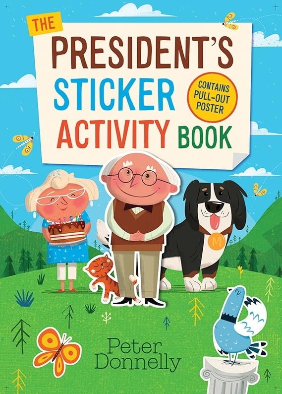 Cover of The President’s Sticker Activity Book featuring an elderly couple, dog, and cat.
