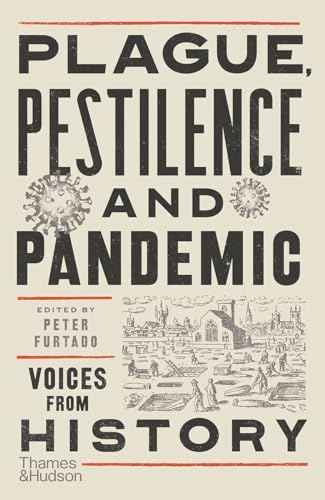 Book cover with bold text, virus illustrations, and a historical cityscape.