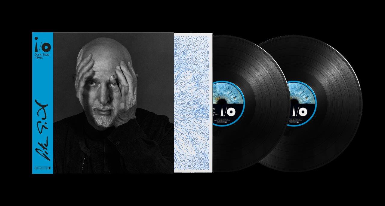Peter Gabriel’s “I/o” vinyl record with portrait cover and two black discs.