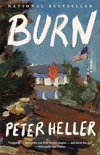 Book cover: painted scene of a burning building and small boat.