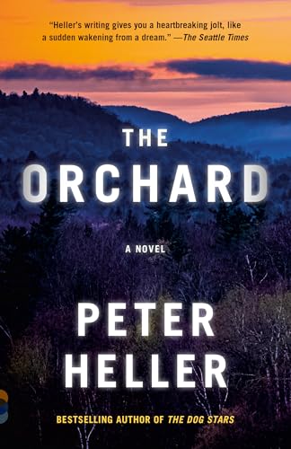 Book cover for The Orchard by Peter Heller featuring a sunset over a forest.
